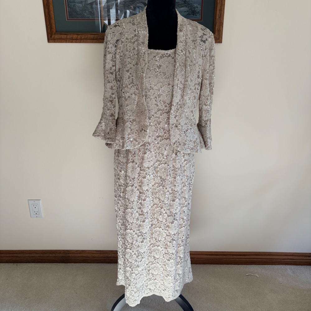 R&M Richards Lace Sequin Dress Jacket Set Womens 8 Champagne Formal Evening